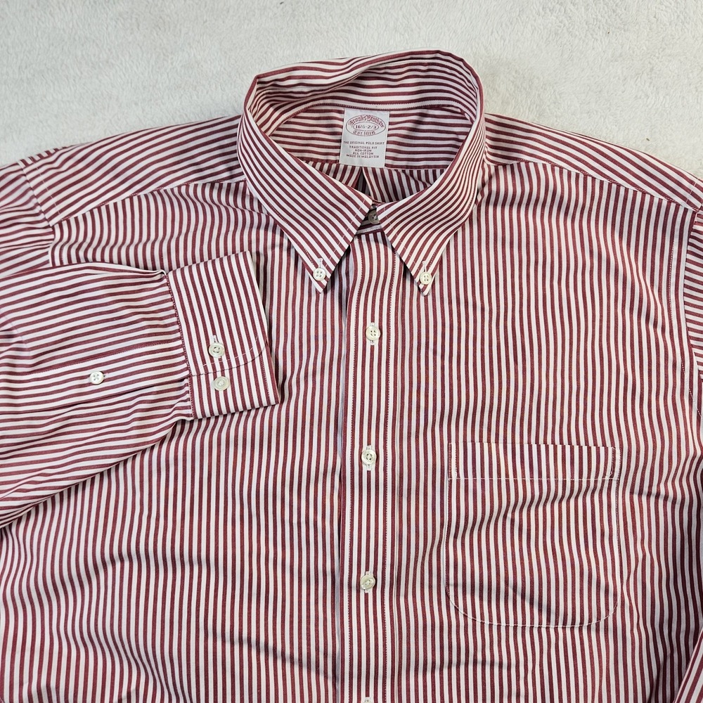 Brooks Brothers 1818 Dress Shirt Mens Sz 16.5 White Red Vertical Stripes Cotton